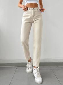 EURMUSE Solid Zipper Fly Tapered Jeans - Beige - View 4
