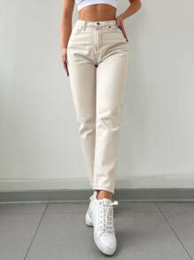 EURMUSE Solid Zipper Fly Tapered Jeans - Beige - View 5
