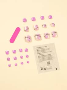 Transform Your Nails with 24pcs Short Square 3D Pink Flower Rhinestones Decor Fake Toenail & 1pc Nail File & 1sheet Tape - Multicolor - View 2