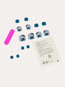 使用24入組短方形藍撞色線圖形假腳趾甲和1入組指甲銼和1張膠帶立即升級您造型 - 彩色 - 查看 2