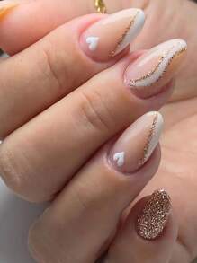 使用24入組短杏仁白線心形閃光假指甲和1入組指甲銼和1張指甲膠帶立即升級您造型 - 彩色 - 查看 1