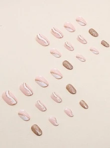 使用24入組短杏仁白線心形閃光假指甲和1入組指甲銼和1張指甲膠帶立即升級您造型 - 彩色 - 查看 3