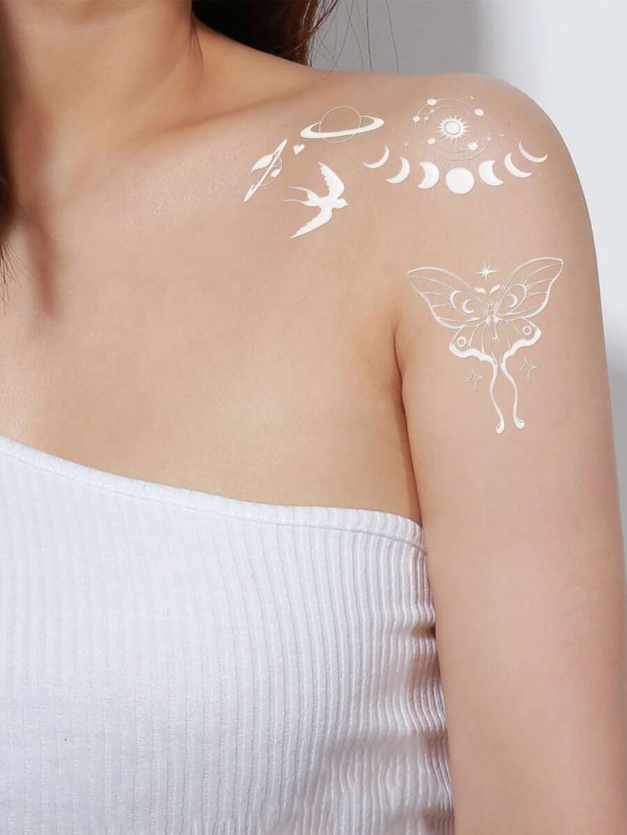 1 hoja Pegatina tatuaje luna & con patrón de mariposa - Blanco - Ver 1