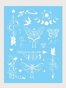 1 hoja Pegatina tatuaje luna & con patrón de mariposa - Blanco - Ver 2