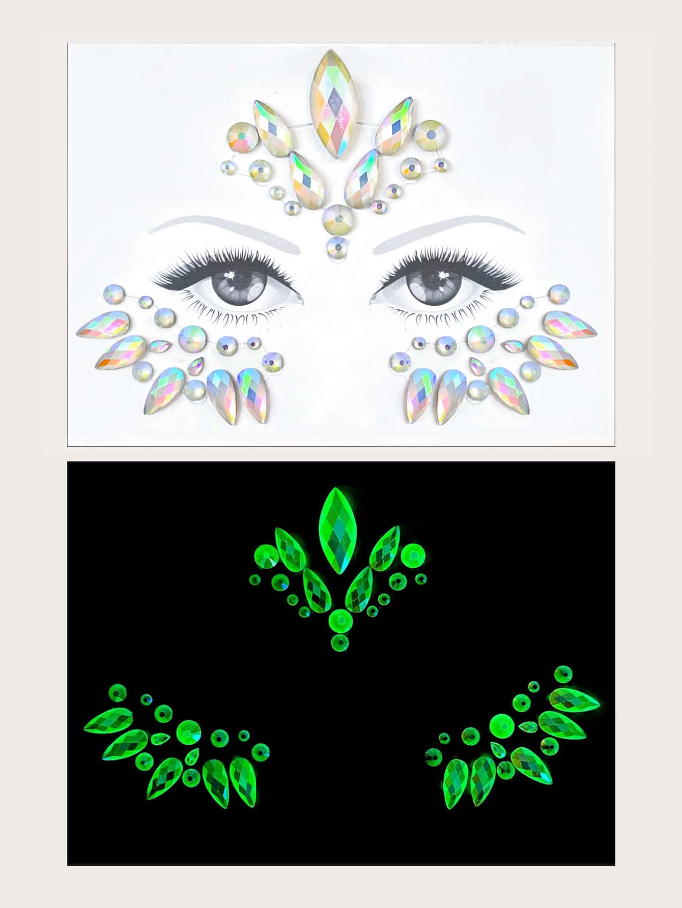 1 hoja Pegatina tatuaje facial con diamante de imitación brillante en oscuro - Multicolor - Ver 1