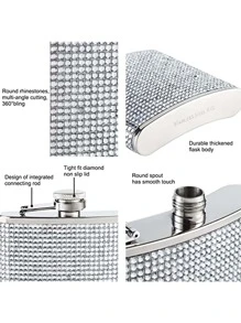 1pc Stainless Steel Hip Flask, Rhinestone Decor Liquor Hip Flask For Restaurant - Silver - View 3