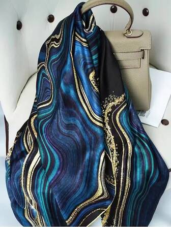 1条蓝色大理石纹印花110*110厘米大方巾，色彩鲜艳的女士头巾/方巾，优雅轻薄披肩，适合日常佩戴