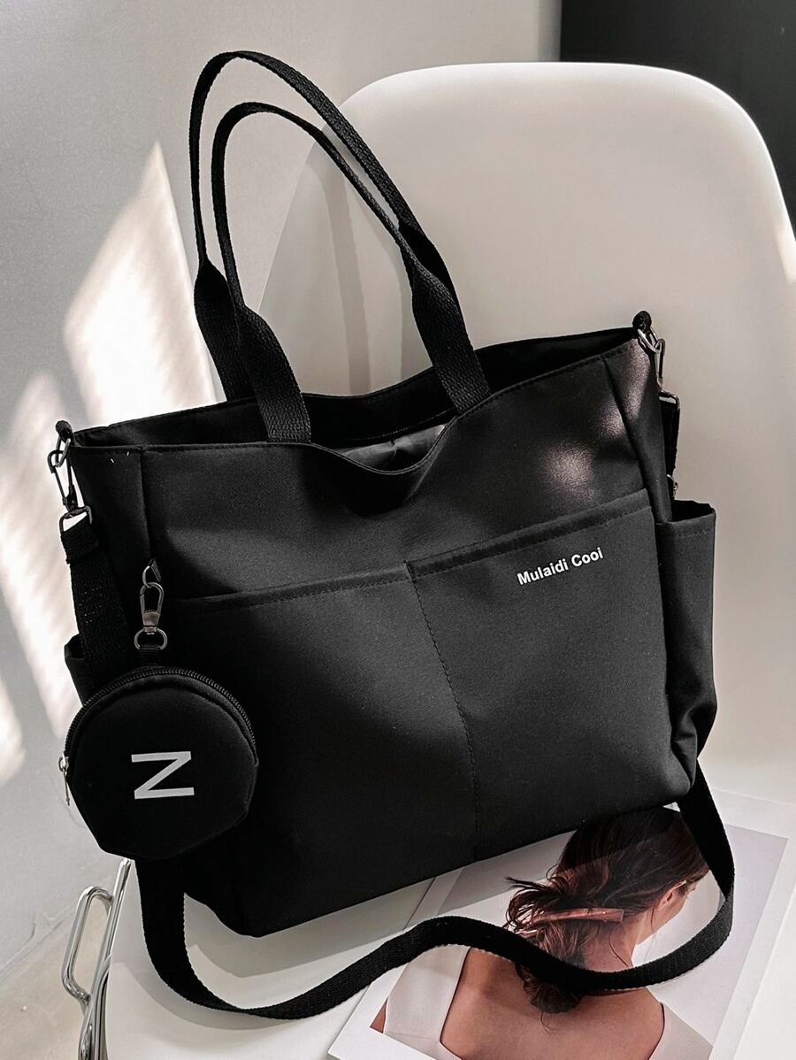 轻便、商务休闲字母图案单肩手提包，带零钱包，适合毕业生、少女、大一、大二、大三和大四学生、大学和高中学生的书包，非常适合户外、旅行和返校，适合少女、女大学生、新手和白领人士，非常适合办公室、大学、工作、商务、通勤、户外、旅行、郊游、女士包包，大型校园手提包，多个隔层，非常适合海滩、学校、工作和日常使用 - 黑色 - 查看 1