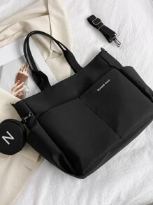 轻便、商务休闲字母图案单肩手提包，带零钱包，适合毕业生、少女、大一、大二、大三和大四学生、大学和高中学生的书包，非常适合户外、旅行和返校，适合少女、女大学生、新手和白领人士，非常适合办公室、大学、工作、商务、通勤、户外、旅行、郊游、女士包包，大型校园手提包，多个隔层，非常适合海滩、学校、工作和日常使用 - 黑色 - 查看 2