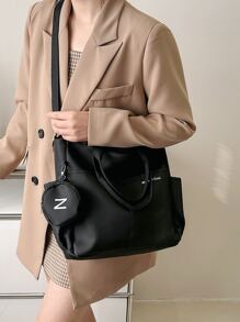 轻便、商务休闲字母图案单肩手提包，带零钱包，适合毕业生、少女、大一、大二、大三和大四学生、大学和高中学生的书包，非常适合户外、旅行和返校，适合少女、女大学生、新手和白领人士，非常适合办公室、大学、工作、商务、通勤、户外、旅行、郊游、女士包包，大型校园手提包，多个隔层，非常适合海滩、学校、工作和日常使用 - 黑色 - 查看 5