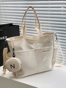 字母图案购物袋配零钱包，适合毕业生、少女、大一、大二、大三和大四学生、大学和高中学生使用，非常适合户外、旅行和返校，带硬币包的女士包，返校包，大容量，轻便，便携，可折叠，经典休闲，适合少女、女大学生、教师，非常适合返校，开学第一天，初中，高中