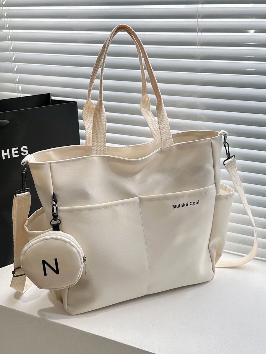 字母图案购物袋配零钱包，适合毕业生、少女、大一、大二、大三和大四学生、大学和高中学生使用，非常适合户外、旅行和返校，带硬币包的女士包，返校包，大容量，轻便，便携，可折叠，经典休闲，适合少女、女大学生、教师，非常适合返校，开学第一天，初中，高中