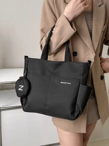 轻便、商务休闲字母图案单肩手提包，带零钱包，适合毕业生、少女、大一、大二、大三和大四学生、大学和高中学生的书包，非常适合户外、旅行和返校，适合少女、女大学生、新手和白领人士，非常适合办公室、大学、工作、商务、通勤、户外、旅行、郊游、女士包包，大型校园手提包，多个隔层，非常适合海滩、学校、工作和日常使用 - 黑色 - 查看 6