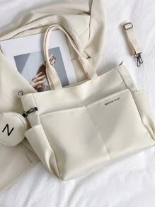 字母图案购物袋配零钱包，适合毕业生、少女、大一、大二、大三和大四学生、大学和高中学生使用，非常适合户外、旅行和返校，带硬币包的女士包，返校包，大容量，轻便，便携，可折叠，经典休闲，适合少女、女大学生、教师，非常适合返校，开学第一天，初中，高中