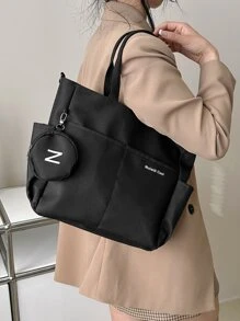 轻便、商务休闲字母图案单肩手提包，带零钱包，适合毕业生、少女、大一、大二、大三和大四学生、大学和高中学生的书包，非常适合户外、旅行和返校，适合少女、女大学生、新手和白领人士，非常适合办公室、大学、工作、商务、通勤、户外、旅行、郊游、女士包包，大型校园手提包，多个隔层，非常适合海滩、学校、工作和日常使用 - 黑色 - 查看 7