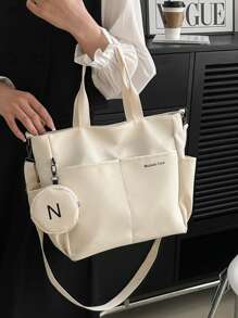 字母图案购物袋配零钱包，适合毕业生、少女、大一、大二、大三和大四学生、大学和高中学生使用，非常适合户外、旅行和返校，带硬币包的女士包，返校包，大容量，轻便，便携，可折叠，经典休闲，适合少女、女大学生、教师，非常适合返校，开学第一天，初中，高中