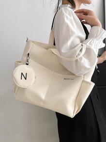 字母图案购物袋配零钱包，适合毕业生、少女、大一、大二、大三和大四学生、大学和高中学生使用，非常适合户外、旅行和返校，带硬币包的女士包，返校包，大容量，轻便，便携，可折叠，经典休闲，适合少女、女大学生、教师，非常适合返校，开学第一天，初中，高中