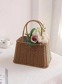 Plastic Imitation Wicker Handbag - Brown - View 1