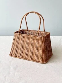 Plastic Imitation Wicker Handbag - Brown - View 2