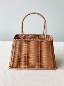 Plastic Imitation Wicker Handbag - Brown - View 3