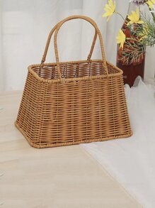 Plastic Imitation Wicker Handbag - Brown - View 4