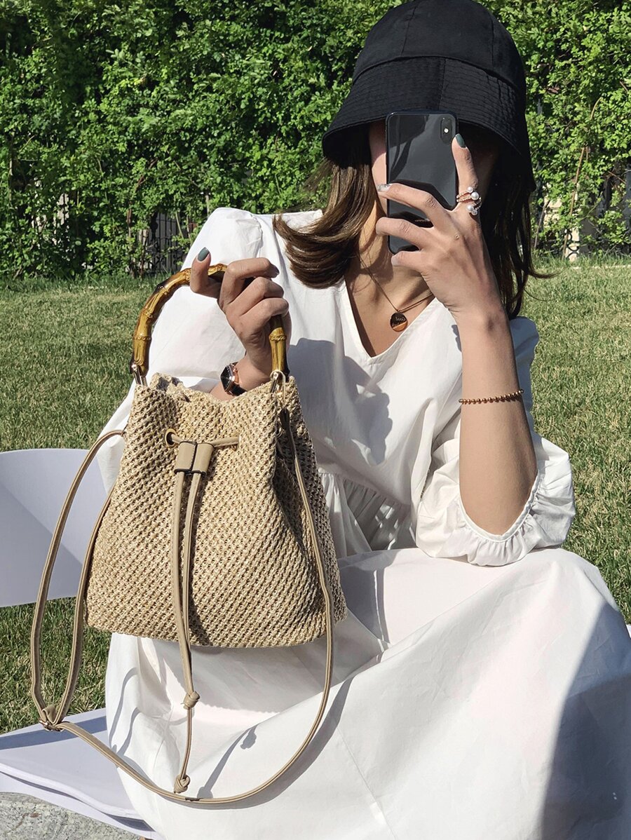 Túi rơm thiết kế dây rút, hoàn hảo cho kỳ nghỉ du lịch bãi biển mùa hè - Màu Khaki - Xem 1