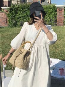 Túi rơm thiết kế dây rút, hoàn hảo cho kỳ nghỉ du lịch bãi biển mùa hè - Màu Khaki - Xem 2