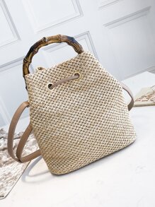 Túi rơm thiết kế dây rút, hoàn hảo cho kỳ nghỉ du lịch bãi biển mùa hè - Màu Khaki - Xem 4