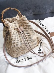 Túi rơm thiết kế dây rút, hoàn hảo cho kỳ nghỉ du lịch bãi biển mùa hè - Màu Khaki - Xem 7