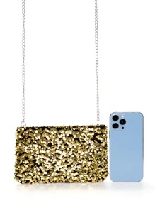 迷你亮片裝飾鏈條方包 - 金色 - 查看 3