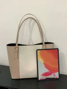 雙色單肩托特包 - 卡其色 - 查看 7