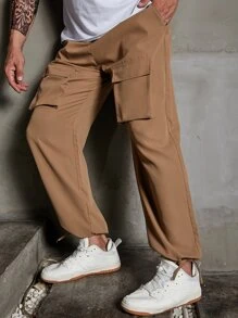 Manfinity Men Flap Pocket Side Drawstring Waist Cargo Trousers - Khaki - View 3