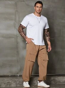 Manfinity Men Flap Pocket Side Drawstring Waist Cargo Trousers - Khaki - View 5