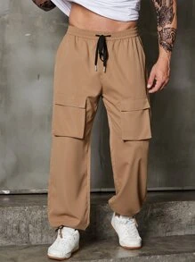 Manfinity Men Flap Pocket Side Drawstring Waist Cargo Trousers - Khaki - View 6