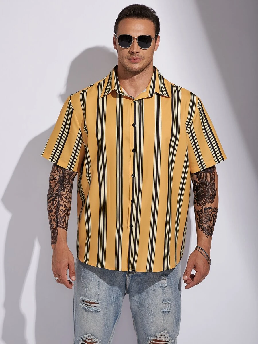 Manfinity Men Plus Striped Print Shirt - Yellow - View 1