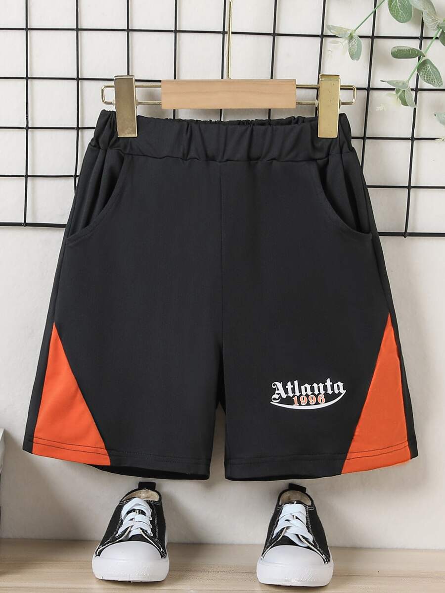 Boys Letter Graphic Contrast Panel Shorts - Black - View 1