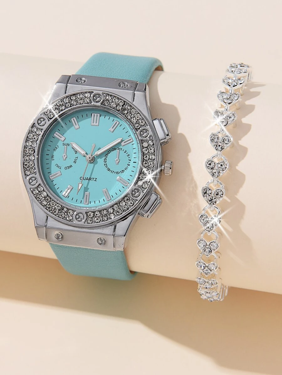 Reloj de cuarzo para dama decorado con diamantes de imitación y 1 brazalete para vacaciones - Azul - Ver 1
