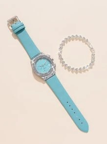 Reloj de cuarzo para dama decorado con diamantes de imitación y 1 brazalete para vacaciones - Azul - Ver 2