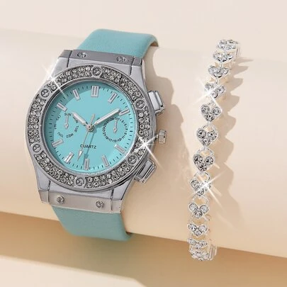 1 Đồng hồ nữ Đồng hồ thạch anh trang trí kim cương giả & 1 Vòng tay ngày lễ