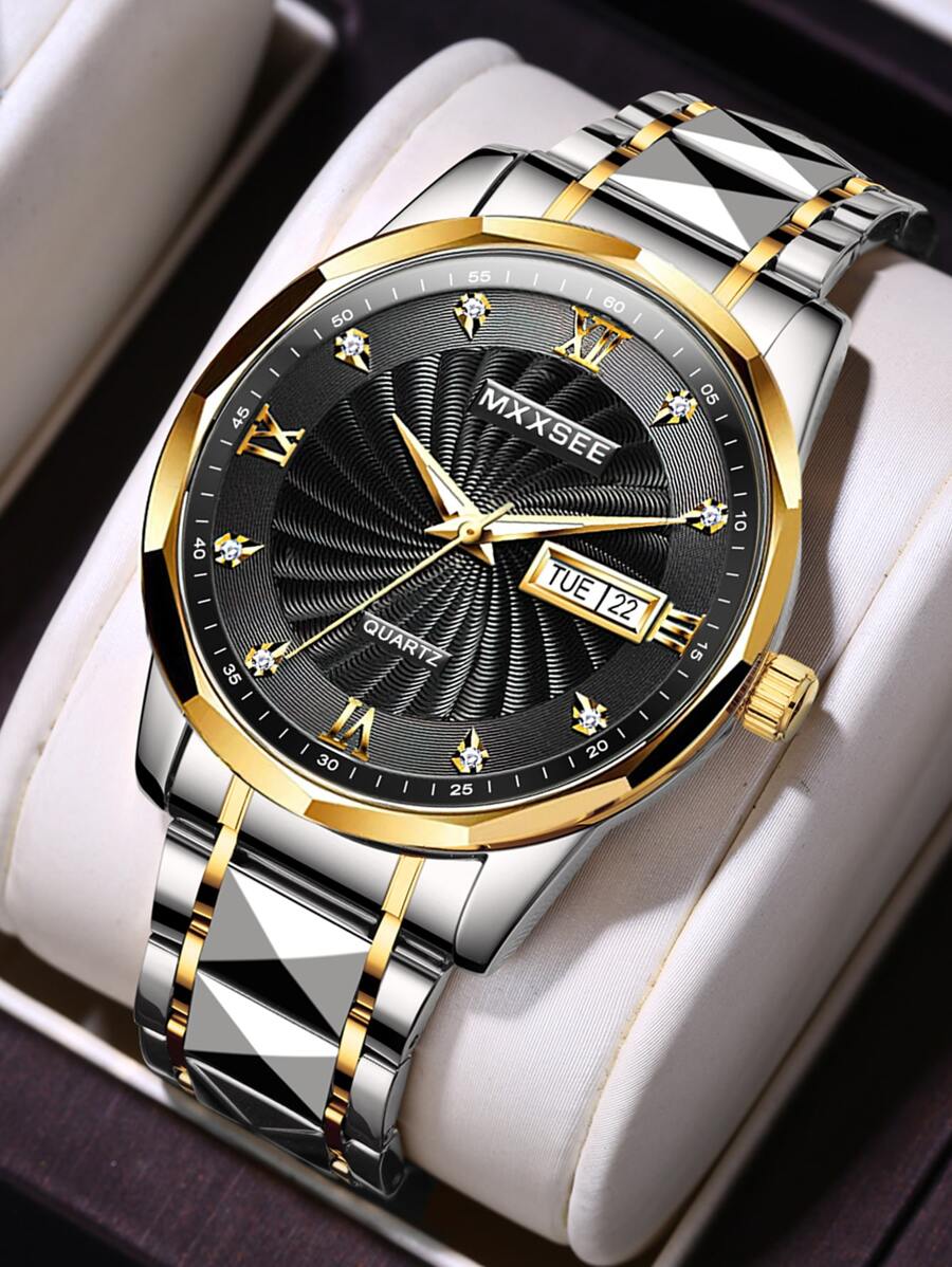 MXXSEE Men Rhinestone Decor Round Pointer Date Quartz Watch