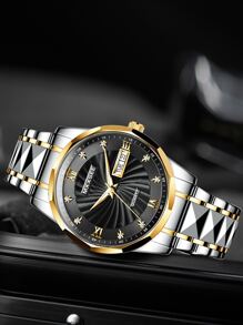 MXXSEE Men Rhinestone Decor Round Pointer Date Quartz Watch