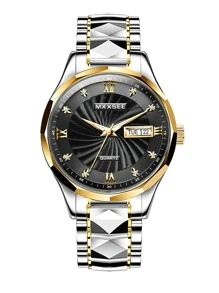 MXXSEE Men Rhinestone Decor Round Pointer Date Quartz Watch