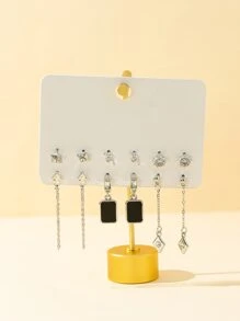 6對/套水鑽裝飾耳環 - 銀色 - 查看 1