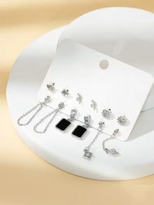 6對/套水鑽裝飾耳環 - 銀色 - 查看 4