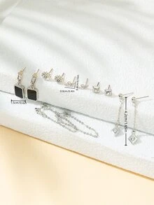 6對/套水鑽裝飾耳環 - 銀色 - 查看 5