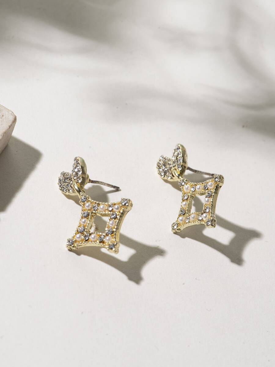 Rhinestone & Faux Pearl Decor Geometric Drop Earrings - Multicolor - View 1