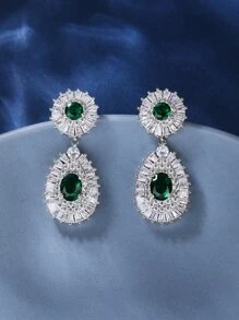 1對立方氧化鋯吊墜耳環,時尚女性裝扮和場合配件 - 綠色 - 查看 1