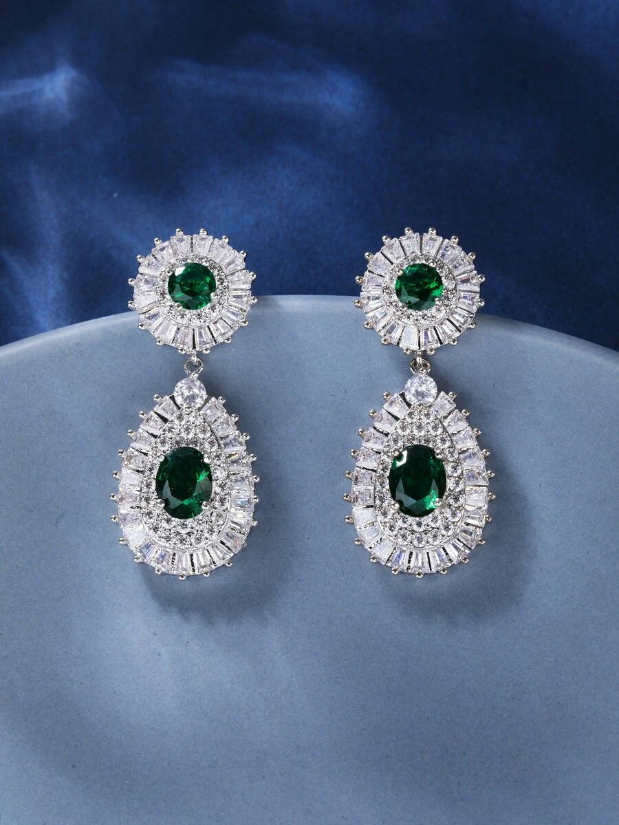 1對立方氧化鋯吊墜耳環,時尚女性裝扮和場合配件 - 綠色 - 查看 1