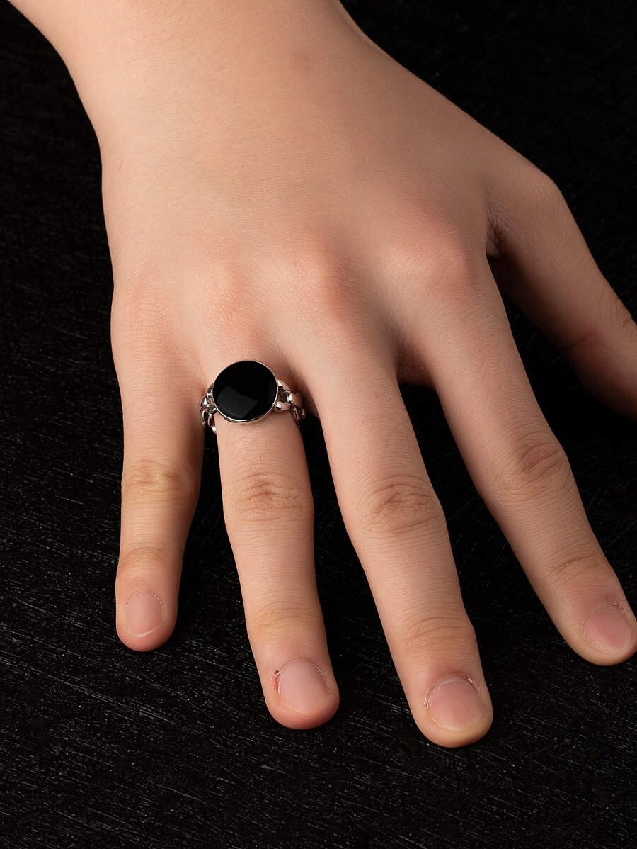 Men Round Decor Ring - Silver - View 1