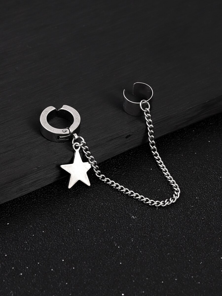 1pc Men Star Decor Ear Cuff Stainless Steel Punk Hip Pop Style, For Jewelry Gift And Party - Silver - View 1
